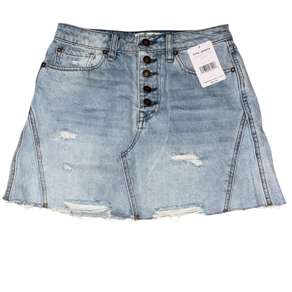 Free People Ripped 100% Cotton Denim Mini Skirt in Breezy Blue Sz. 26 Sz. 2